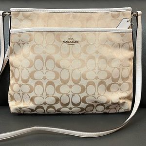 Coach Signature Crossbody File Handbag - Tan & White Jacquard Gold Logo Accents